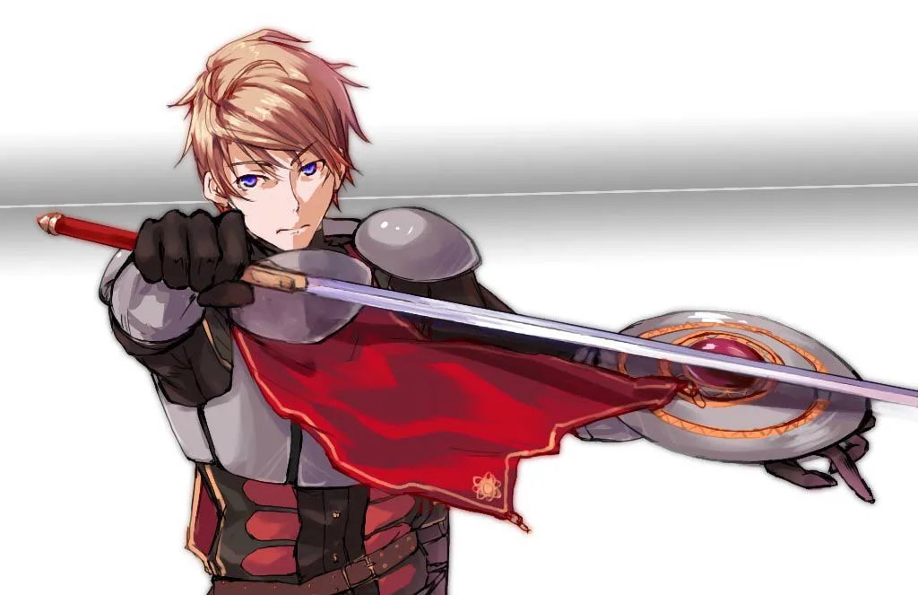 An anime-style illustration of a young man with blond hair and blue eyes, wearing armor and a red cape, holding a sword and…