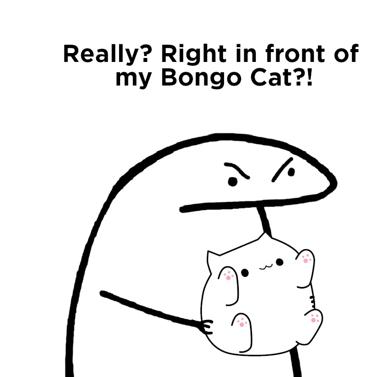 A simple black-and-white cartoon shows a person with an angry, furrowed brow holding a small, cute cat with pink paw pads…