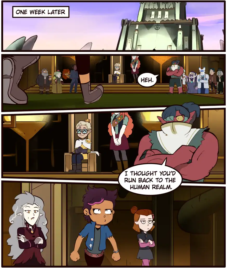 A four-panel comic strip from 'The Owl House' shows characters in a fantasy setting. The first panel shows a building with…