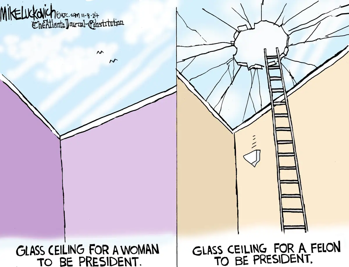 The image is a two-panel cartoon. The left panel shows a solid purple ceiling with the text 'GLASS CEILING FOR A WOMAN TO BE…