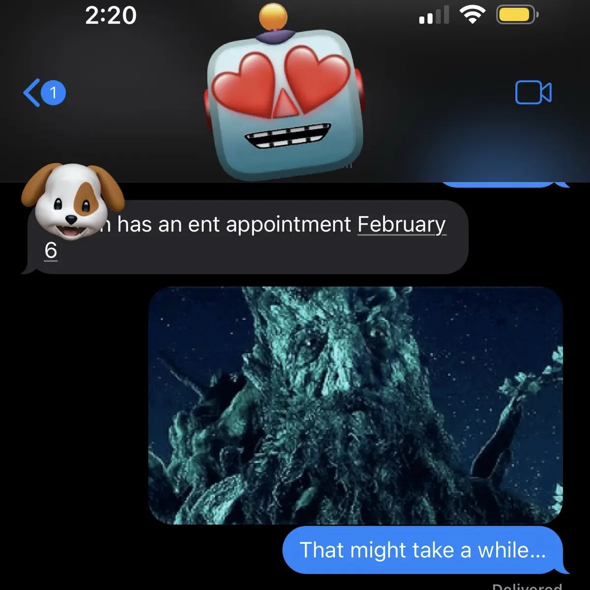 A screenshot of a text conversation shows a dog emoji sender saying 'n has an ent appointment February 6', followed by a…