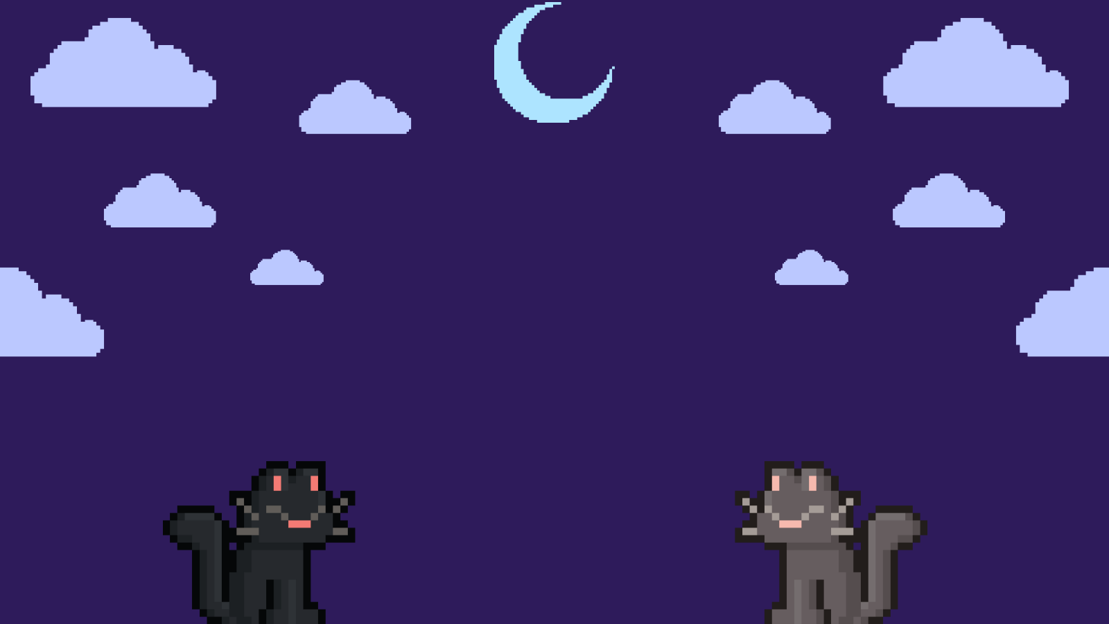 Two pixel-art cats sit at the bottom of a dark purple night sky with a crescent moon and light blue clouds. The black cat on…