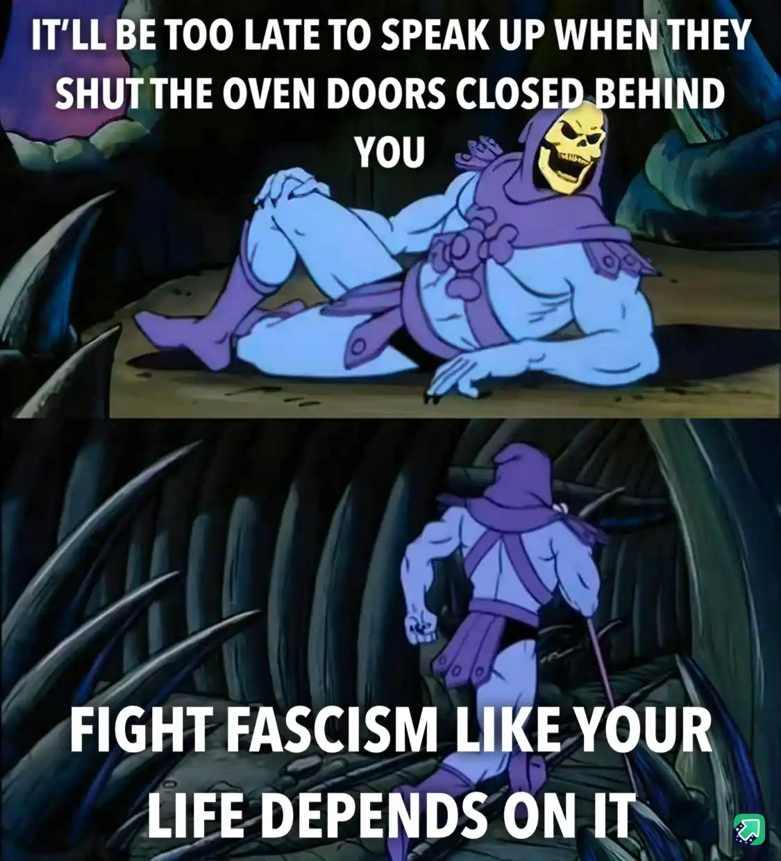 The meme features two panels of the animated character Skeletor from 'He-Man and the Masters of the Universe'. In the top…