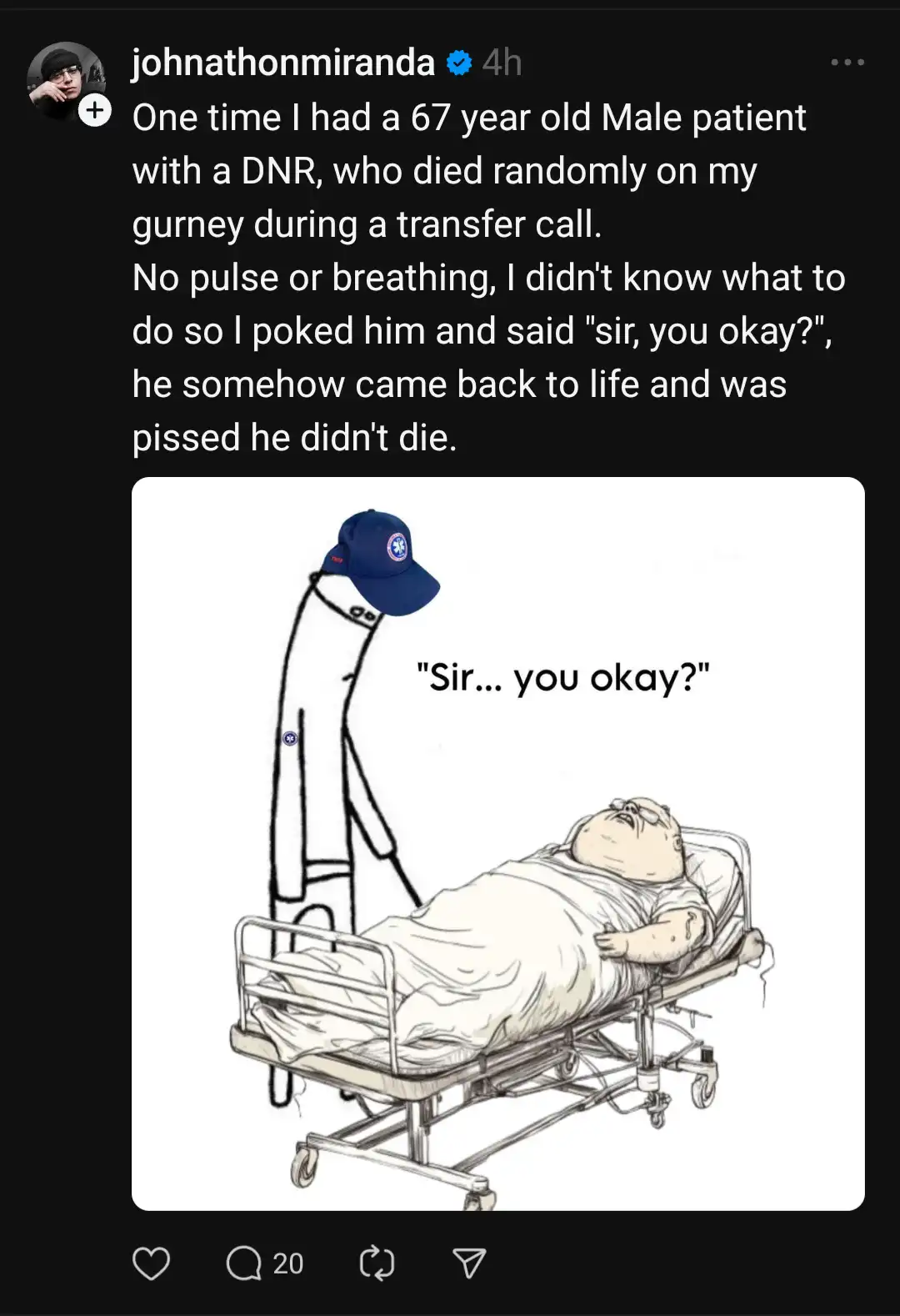 A cartoon depicts a stick-figure paramedic in a blue cap leaning over a gurney where a large, obese man lies motionless…