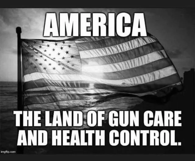 A black and white image of an American flag waving over water, with bold white text overlaid. The top text reads 'AMERICA'…