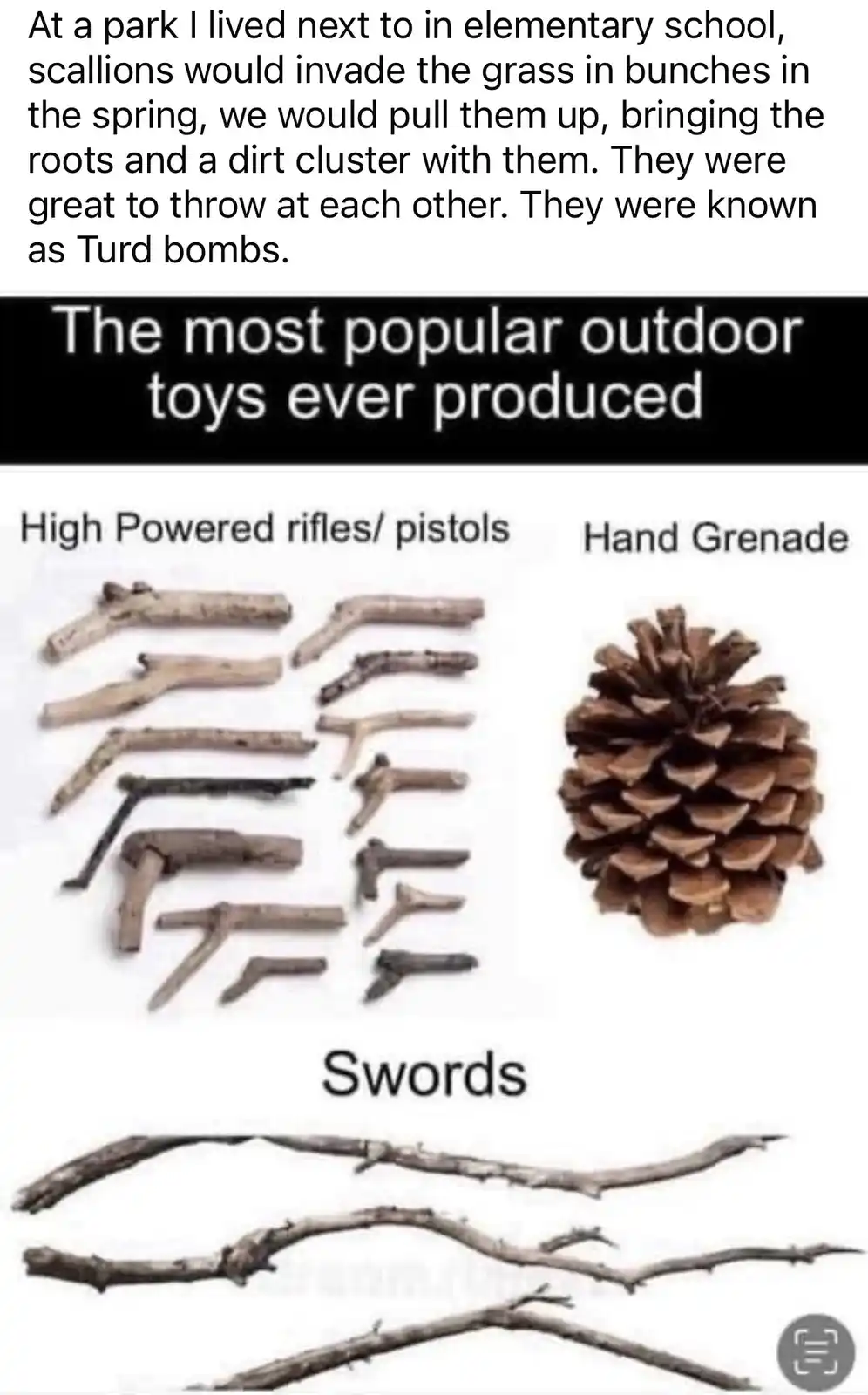 The image displays a list of 'outdoor toys' made from natural items: sticks labeled 'High Powered rifles/pistols', a…