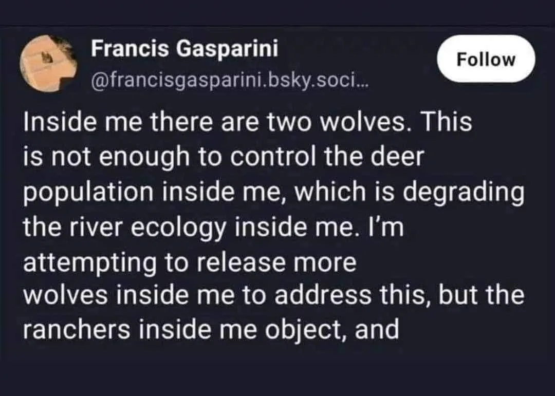 A screenshot of a social media post by Francis Gasparini, showing a dark-themed interface with white text. The text…