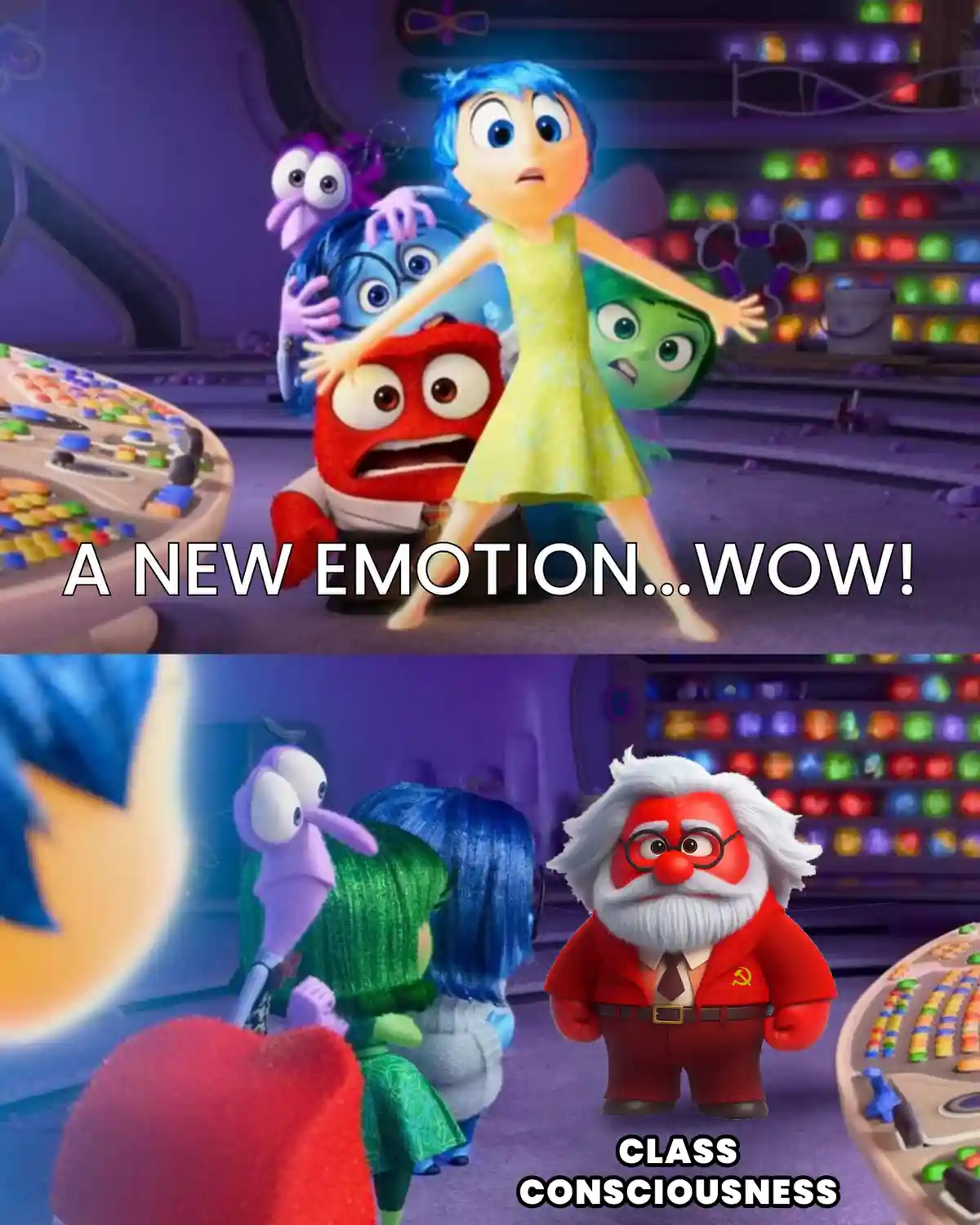The top panel shows characters from 'Inside Out' reacting with surprise to a new emotion, with text reading 'A NEW…
