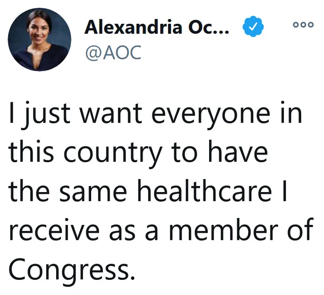 A screenshot of a tweet from verified Twitter account @AOC (Alexandria Ocasio-Cortez) showing her profile picture and the…