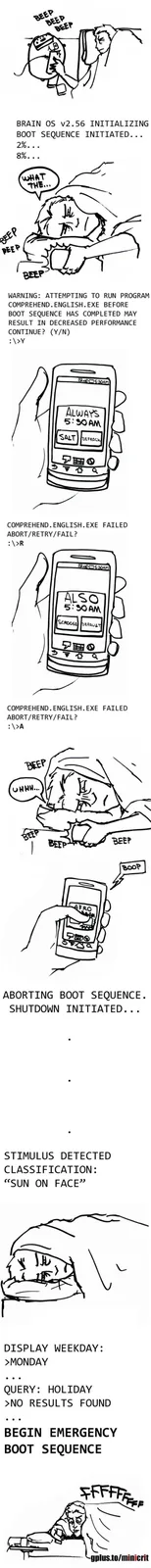 A comic strip depicts a person being woken up by their phone's alarm at 5:30 AM, which is humorously portrayed as a 'BRAIN…