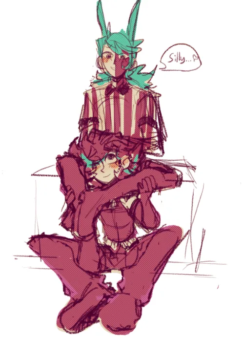 A sketch-style anime drawing shows two characters: one with green hair and bunny ears in a striped shirt sitting atop…
