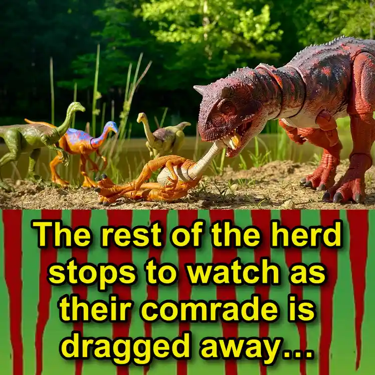 A toy dinosaur, resembling a theropod, is dragging another smaller toy dinosaur by the neck while several other toy…