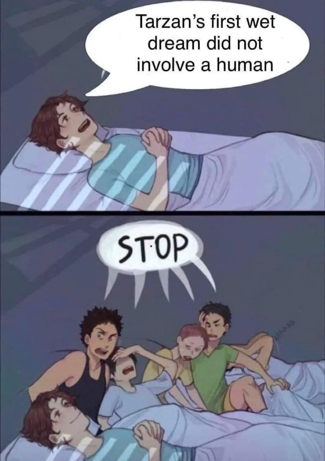 The top panel shows a young man lying in bed with a speech bubble reading 'Tarzan's first wet dream did not involve a…
