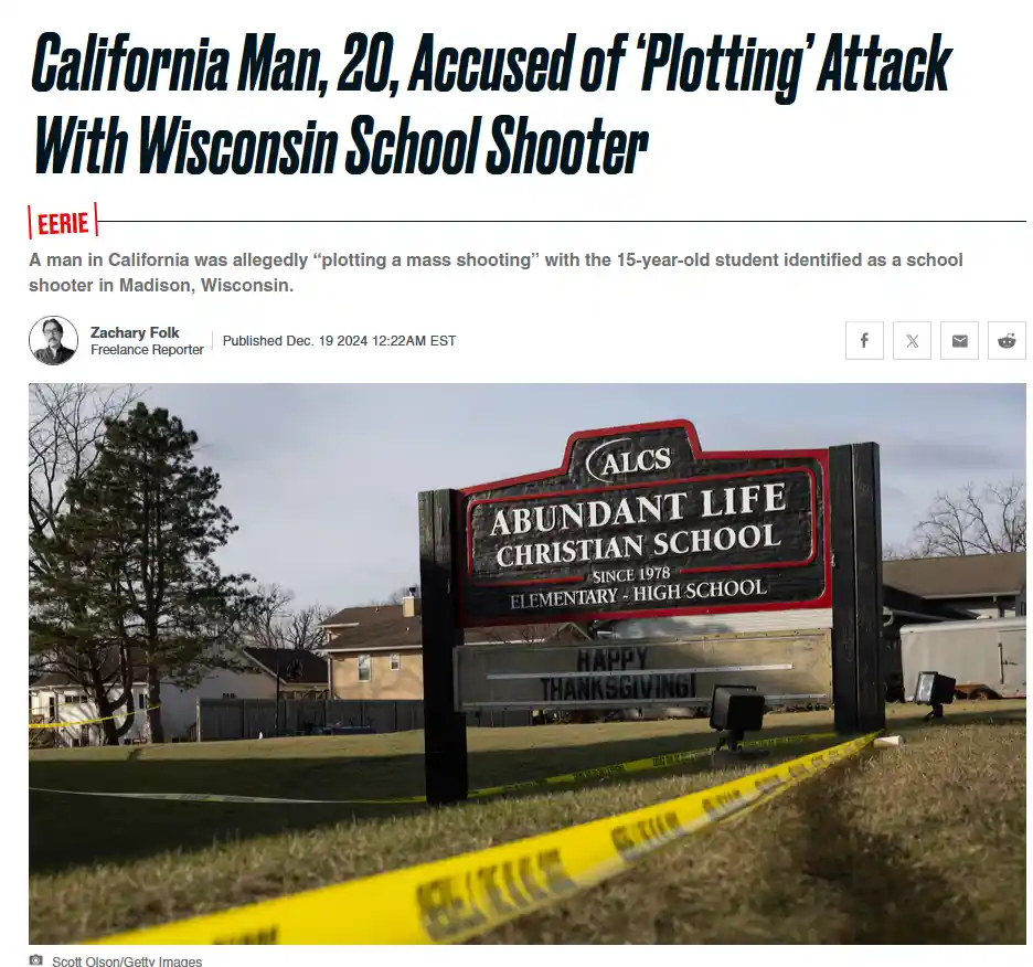 A news article screenshot shows a school sign for 'Abundant Life Christian School' with yellow police tape in front. The…