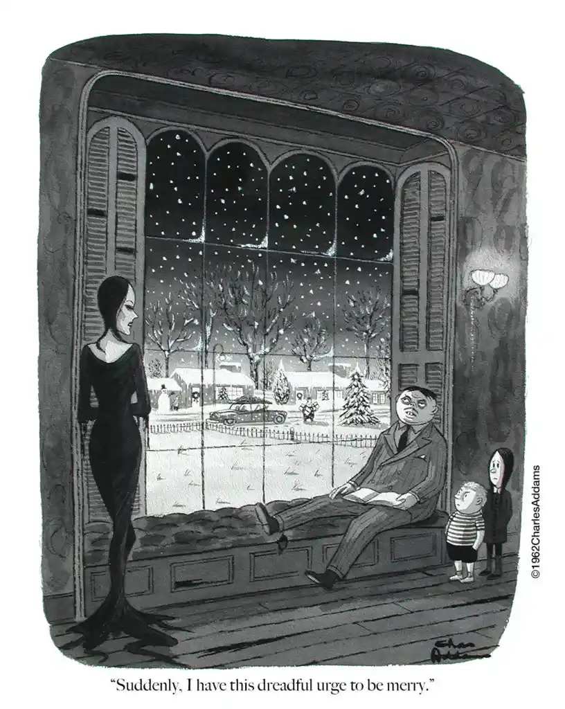 A black-and-white cartoon depicts a gloomy, gothic interior with a tall, slender woman in a long black dress standing by a…