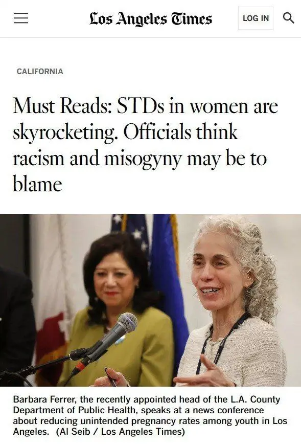 A screenshot of a Los Angeles Times article header with the headline 'Must Reads: STDs in women are skyrocketing. Officials…