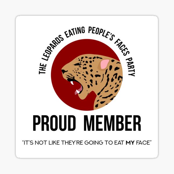 A white sticker features a stylized illustration of a roaring leopard head within a red circle. Arched above the leopard is…