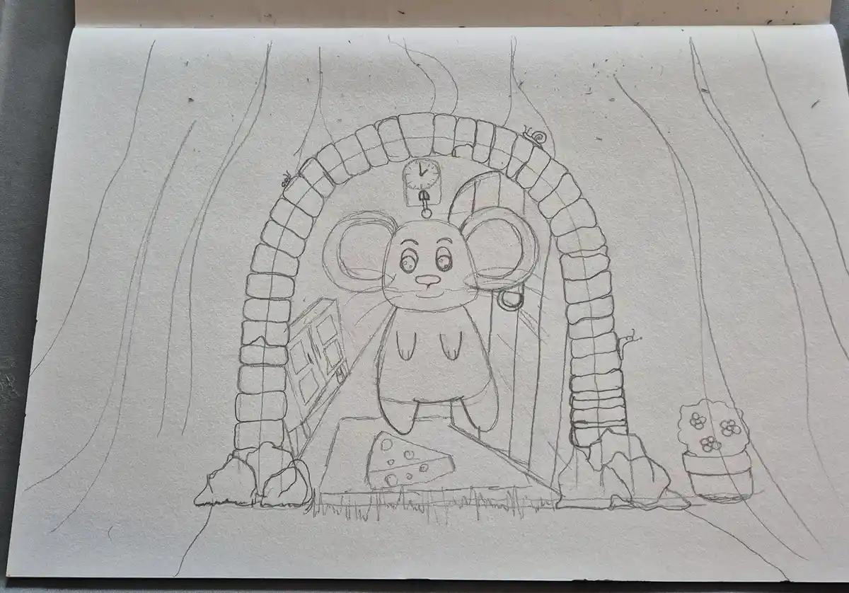 A pencil sketch shows a cartoon mouse standing in a stone archway doorway, with a clock above its head, a slice of cheese on…
