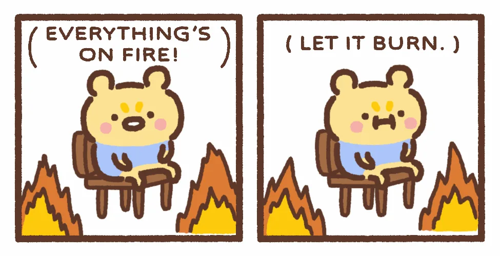 Eight identical panels show a cartoon bear sitting calmly in a chair as flames burn around it. The top row alternates…