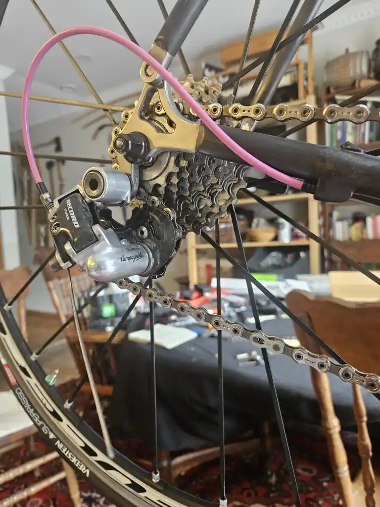 A close-up photo of a high-end bicycle's rear derailleur and cassette, featuring a Campagnolo Record 10-speed groupset and a…