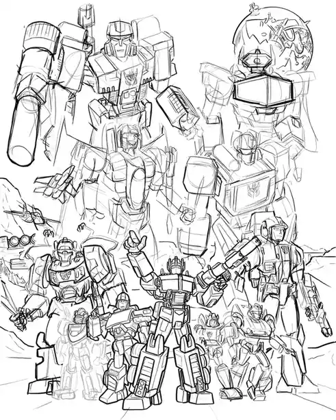 A black-and-white sketch compilation of multiple Transformers characters in various poses and sizes, some fully detailed…