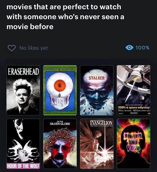 A screenshot of a social media post displaying eight movie posters arranged in two rows. The posters are for 'Eraserhead'…