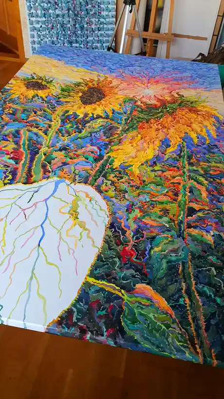 A large, colorful painting of sunflowers under a vibrant sky is shown, but the bottom left corner is starkly white with…