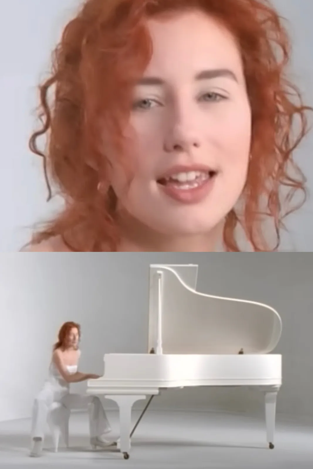 The image is split: top half shows a close-up of a woman with red curly hair speaking, bottom half shows her sitting at a…