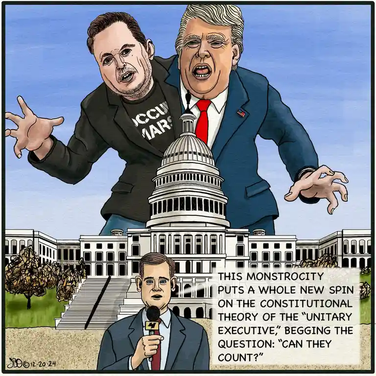A cartoon depicts two giant figures, one resembling Elon Musk in a 'VACCINE MARS' t-shirt and the other resembling Donald…