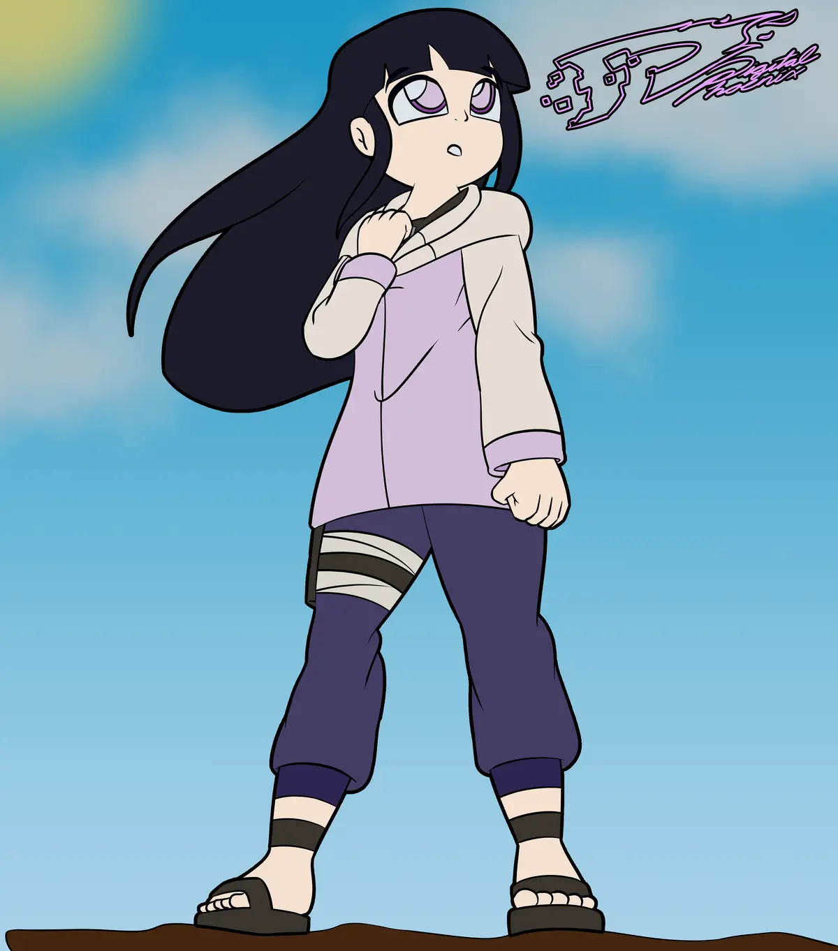An anime-style drawing of a young woman with long black hair and purple eyes, wearing a light purple top under a beige…