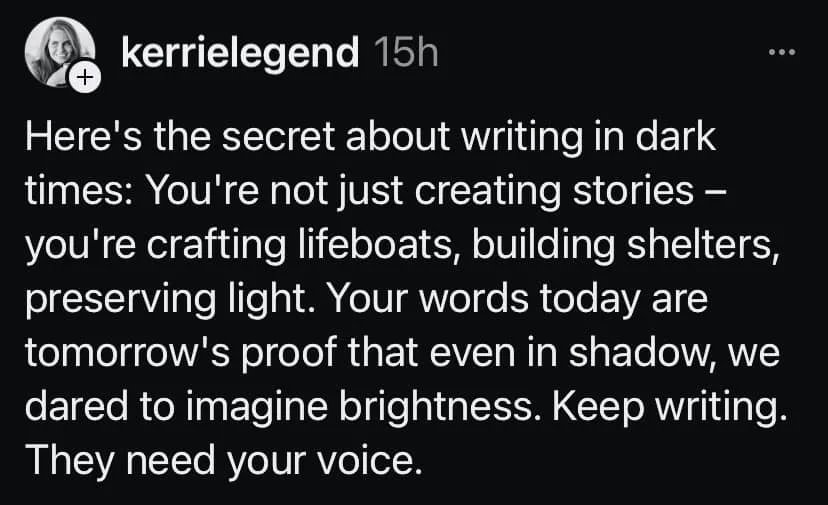 A screenshot of a social media post by 'kerrielegend' with white text on a black background. The text is a motivational…
