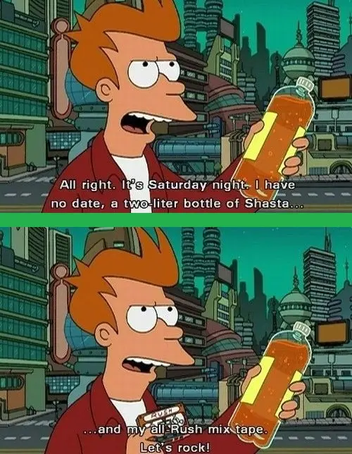 The image is a two-panel meme featuring the animated character Fry from Futurama. In the top panel, he holds a large bottle…
