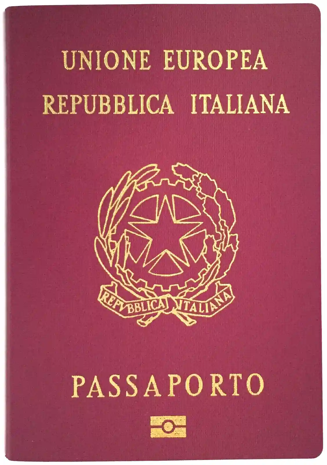 The image shows the front cover of an Italian passport, which is burgundy with gold embossed text and emblem. It reads…
