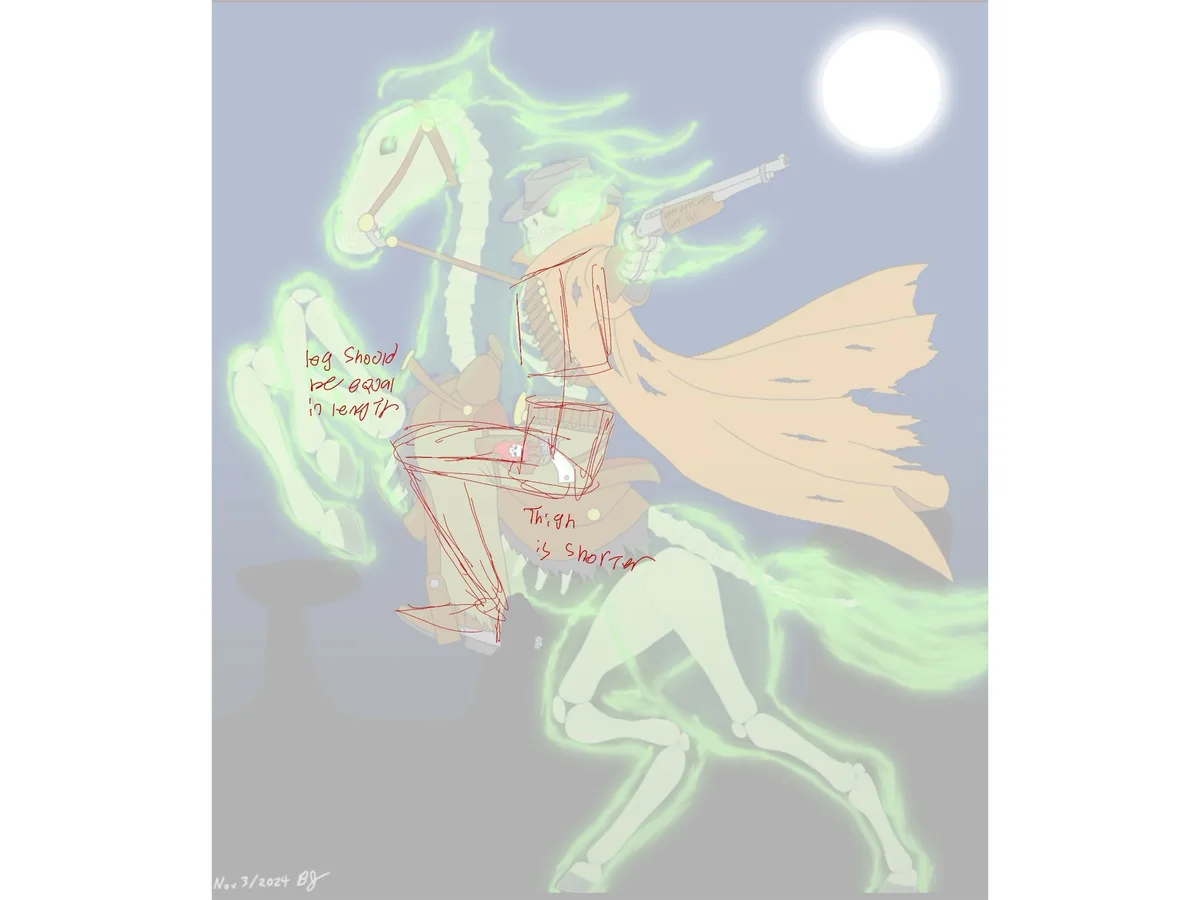 A skeletal cowboy riding a glowing green ghost horse under a full moon, with red hand-drawn annotations pointing out…