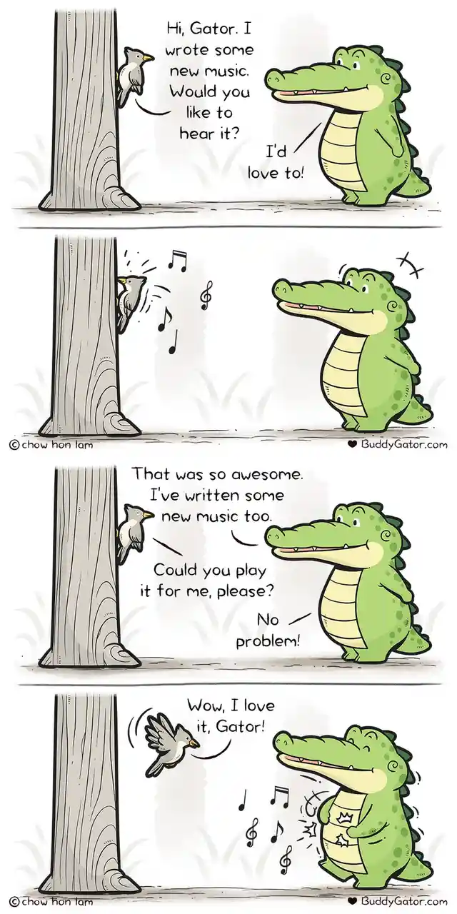 A four-panel comic strip shows a small bird and a green alligator. The bird asks the alligator if he'd like to hear new…