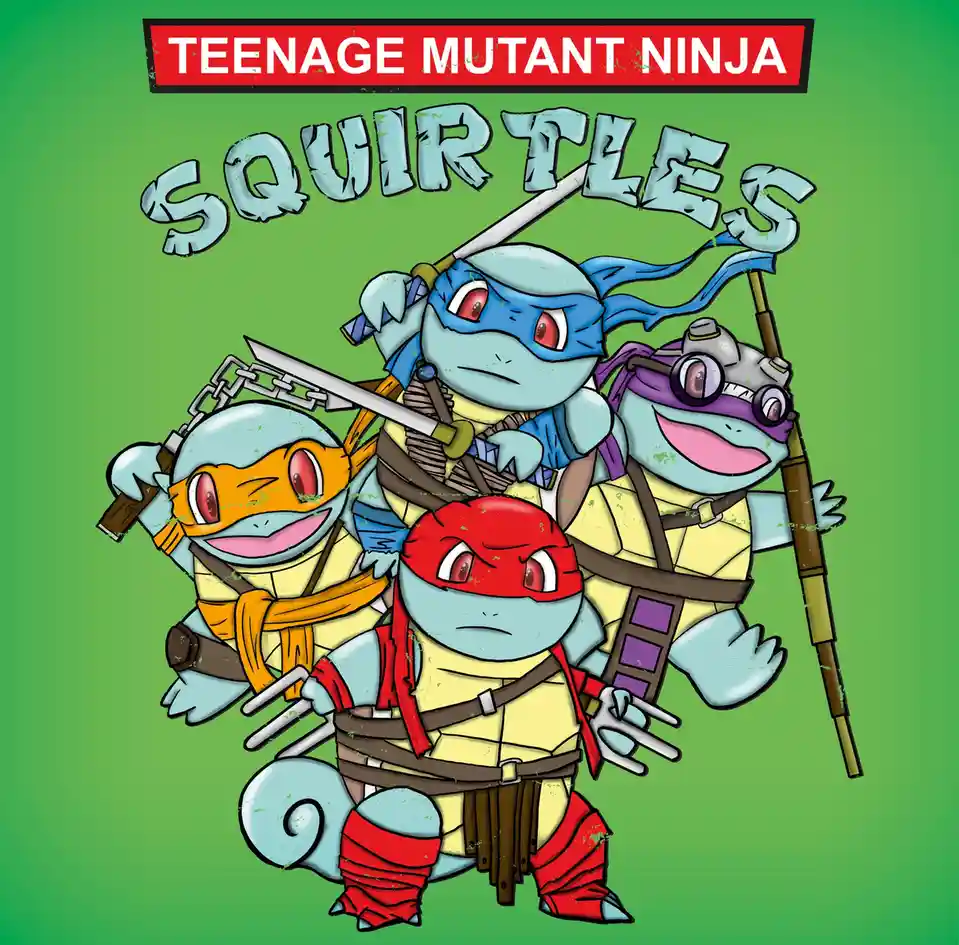 Four cartoon turtles with ninja gear and colored masks are posed heroically against a green background. The text at the top…