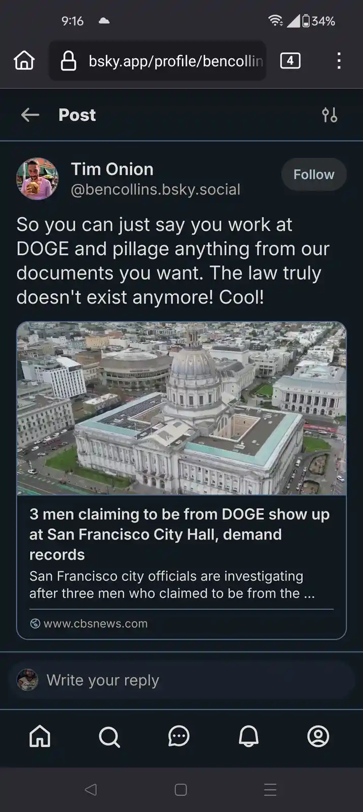 A screenshot of a social media post by Tim Onion showing an aerial photo of San Francisco City Hall. The post's text…