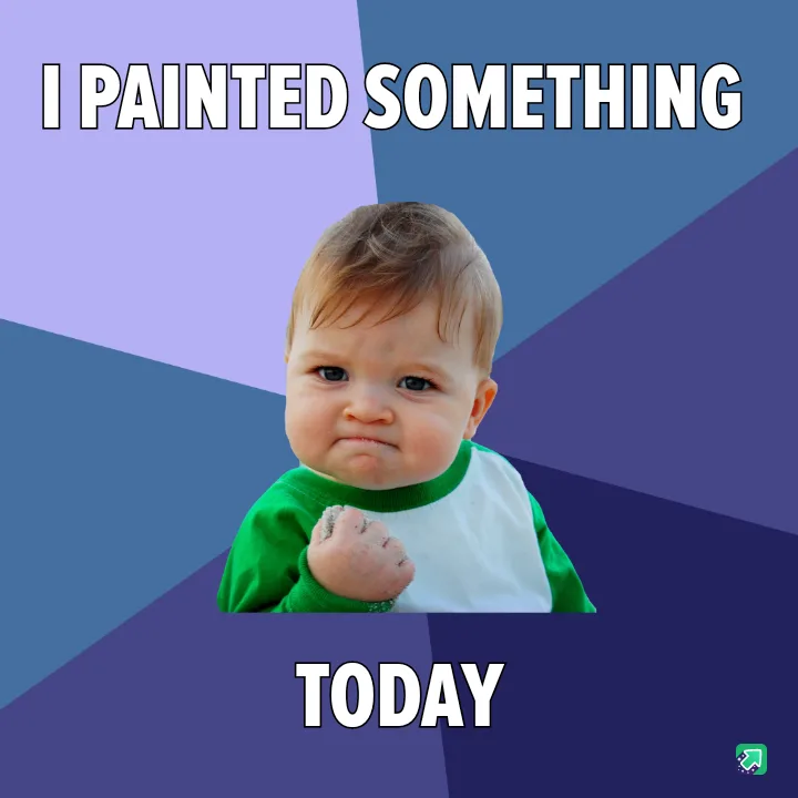 A baby with a smudged, determined expression and a clenched fist is centered against a geometric purple and blue background…