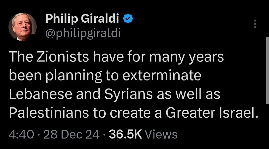 A screenshot of a tweet by Philip Giraldi, showing his profile picture, verified blue checkmark, and the tweet text which…