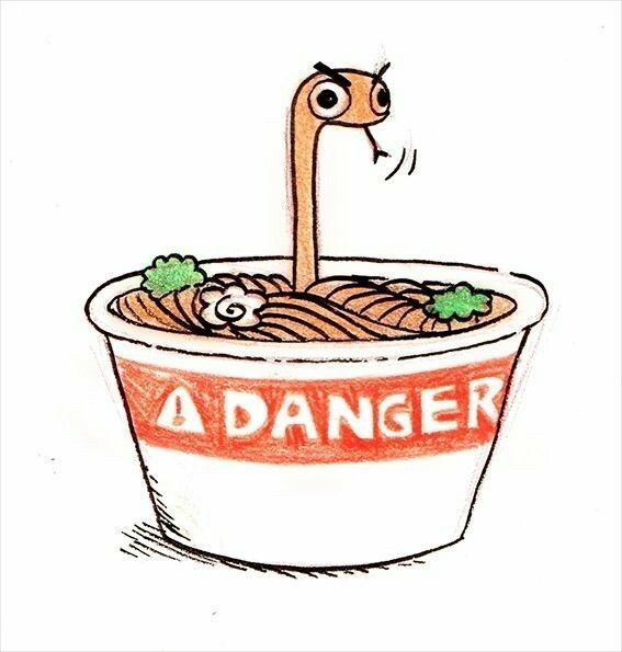 A cartoon drawing shows a noodle bowl with a noodle-shaped creature with a long neck and big eyes peeking out from the…