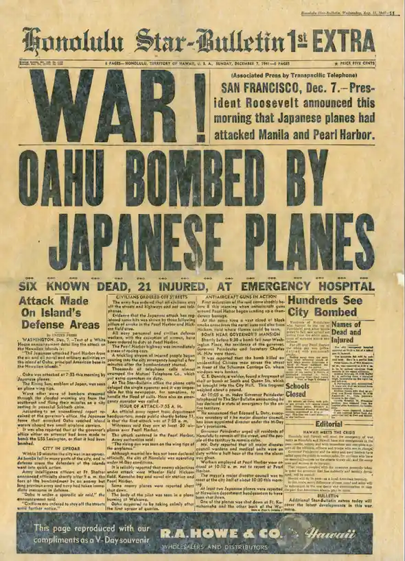 A vintage yellowed newspaper front page from the Honolulu Star-Bulletin dated December 7, 1941, announcing the attack on…