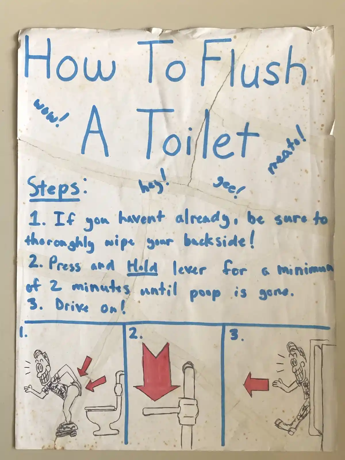 A hand-drawn, taped-up instructional poster titled 'How To Flush A Toilet' with three steps and crude illustrations. Step 1…
