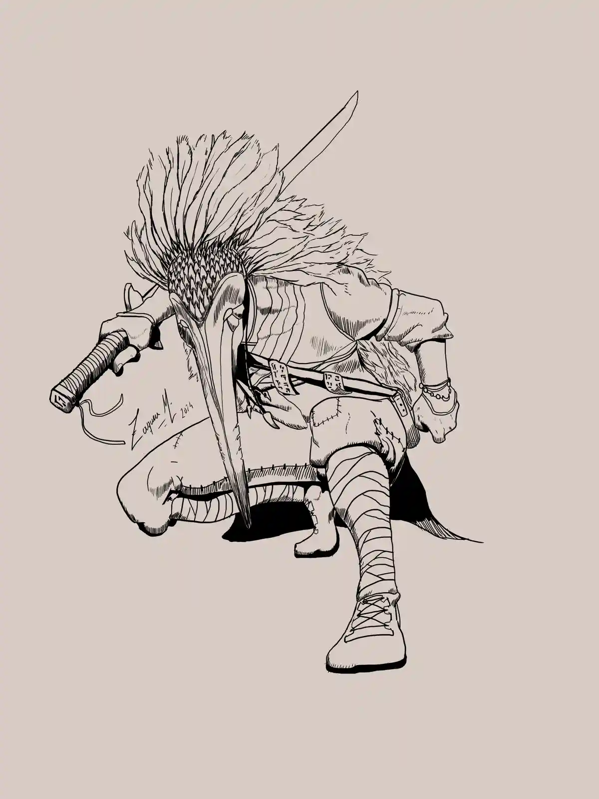 A black-and-white line art illustration shows a fantasy warrior with spiky hair, holding a sword while sitting on a large…
