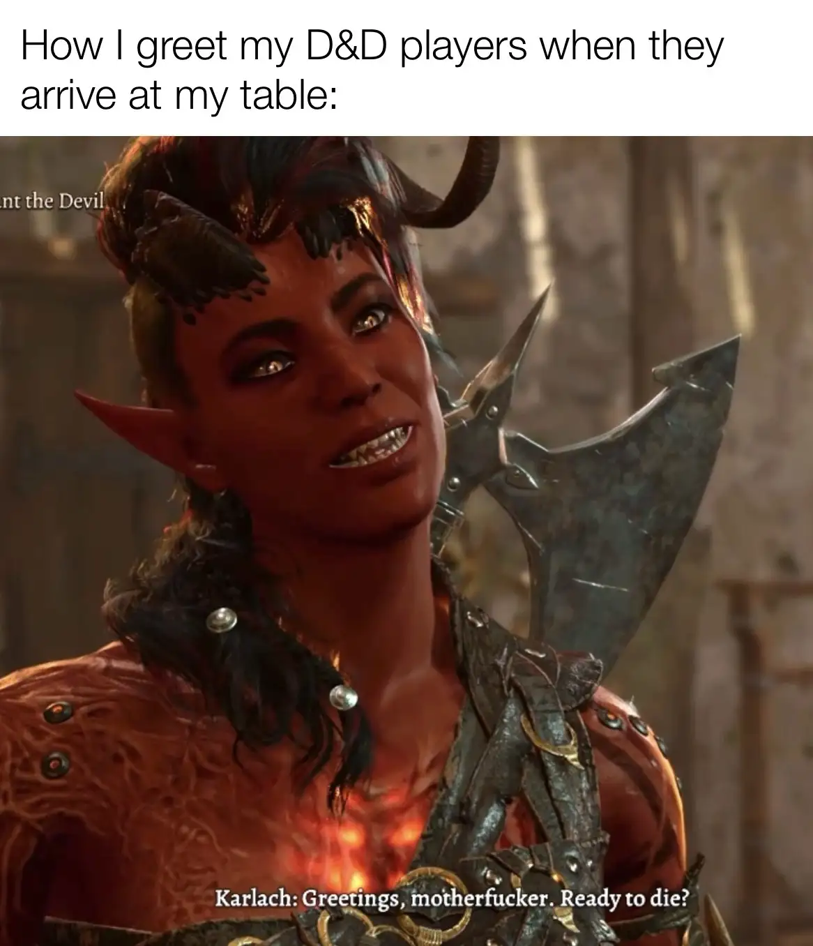 A demonic female character with horns, pointed ears, and a fiery glow on her chest holds a large axe. The overlaid text…
