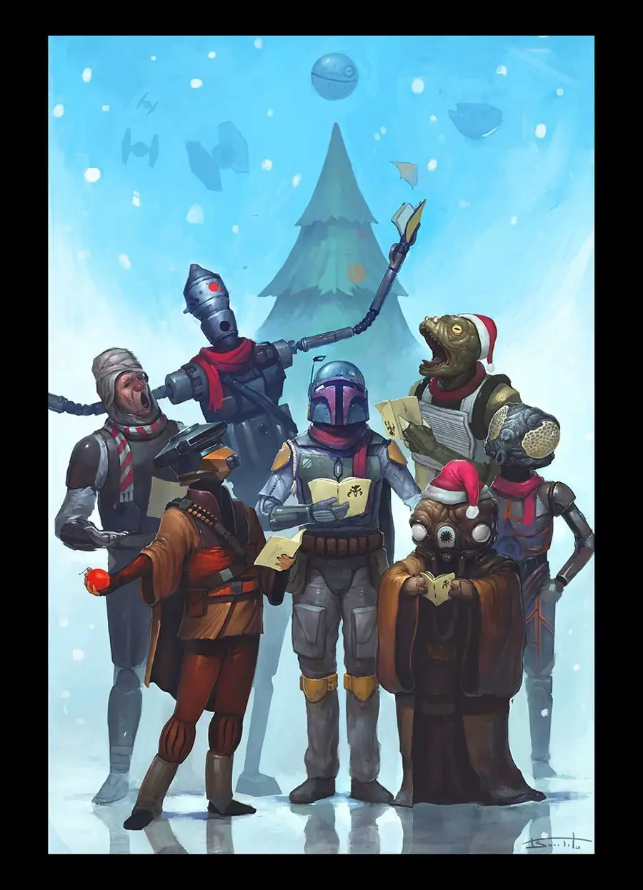 A festive Star Wars illustration shows several iconic characters, including Boba Fett, IG-88, and others, gathered in a…