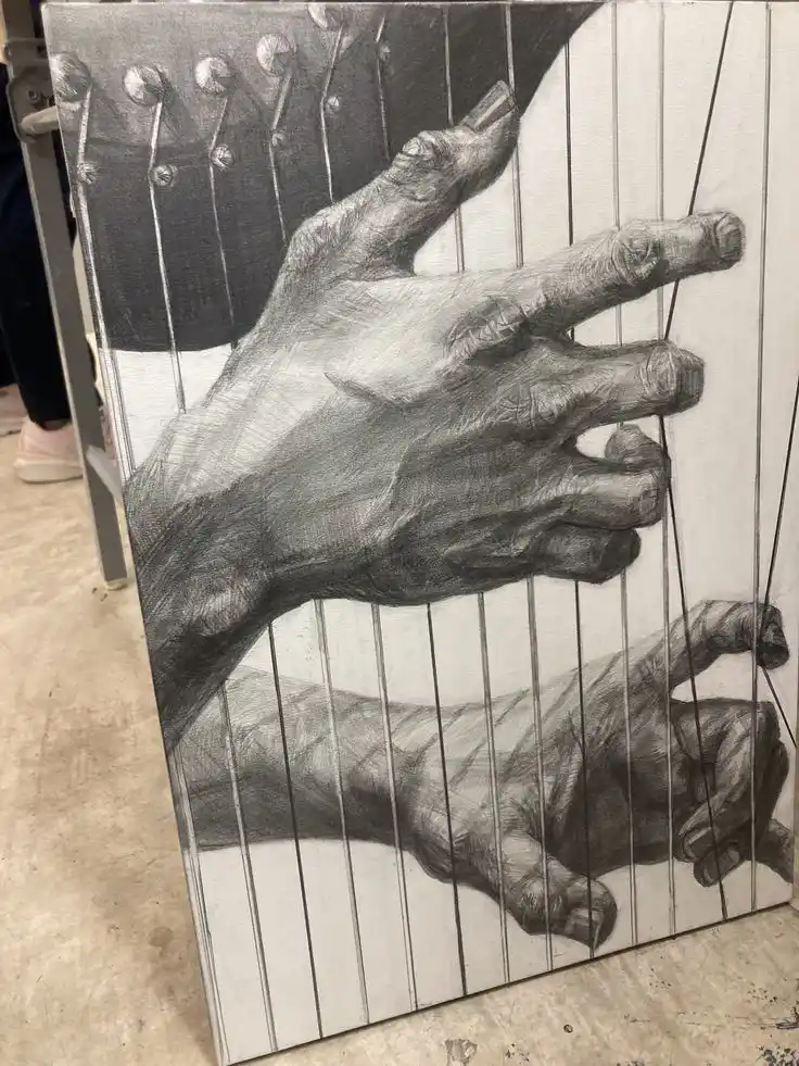 A detailed pencil drawing on canvas shows two hands gripping strings that run vertically across the image, resembling puppet…