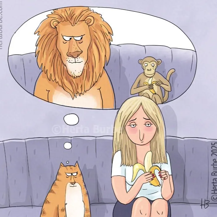 A woman sits on a couch holding a banana, looking sad, with a thought bubble above her head showing a lion and a monkey also…