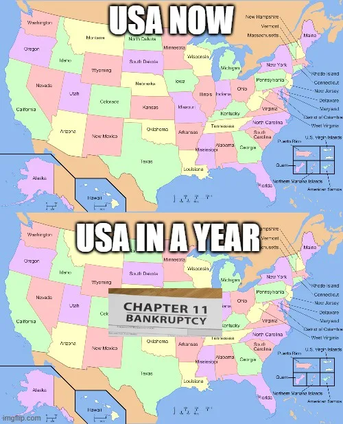 The image displays two versions of a colorful U.S. state map. The top half is labeled 'USA NOW' and shows all 50 states in…