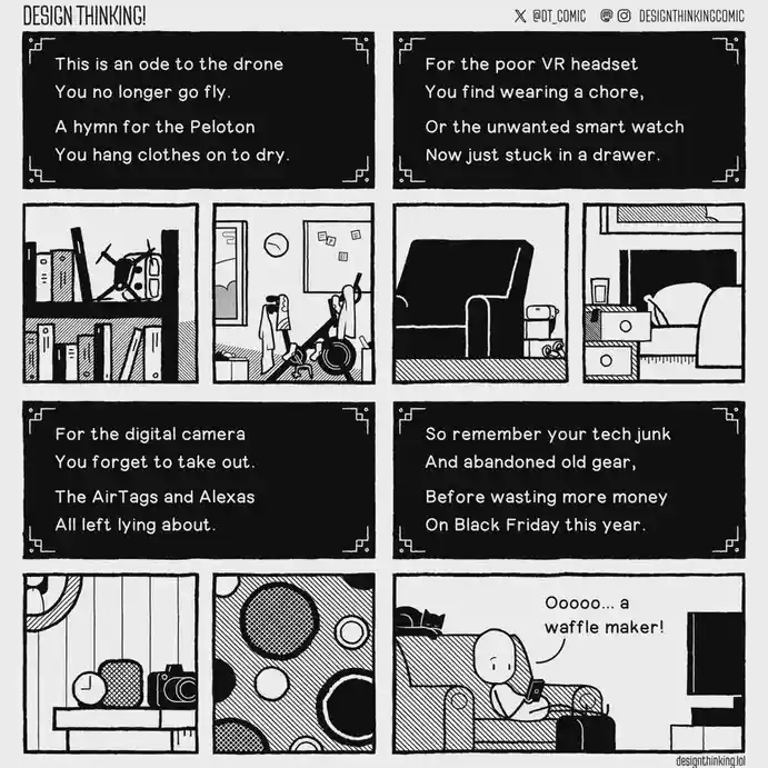 A black-and-white comic strip with six panels showing various discarded tech items like a drone on a bookshelf, a Peloton…