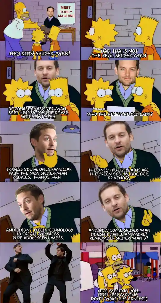 A six-panel meme featuring Homer Simpson introducing Tobey Maguire as 'Spider-Man' to Bart and Lisa. Lisa corrects him, and…